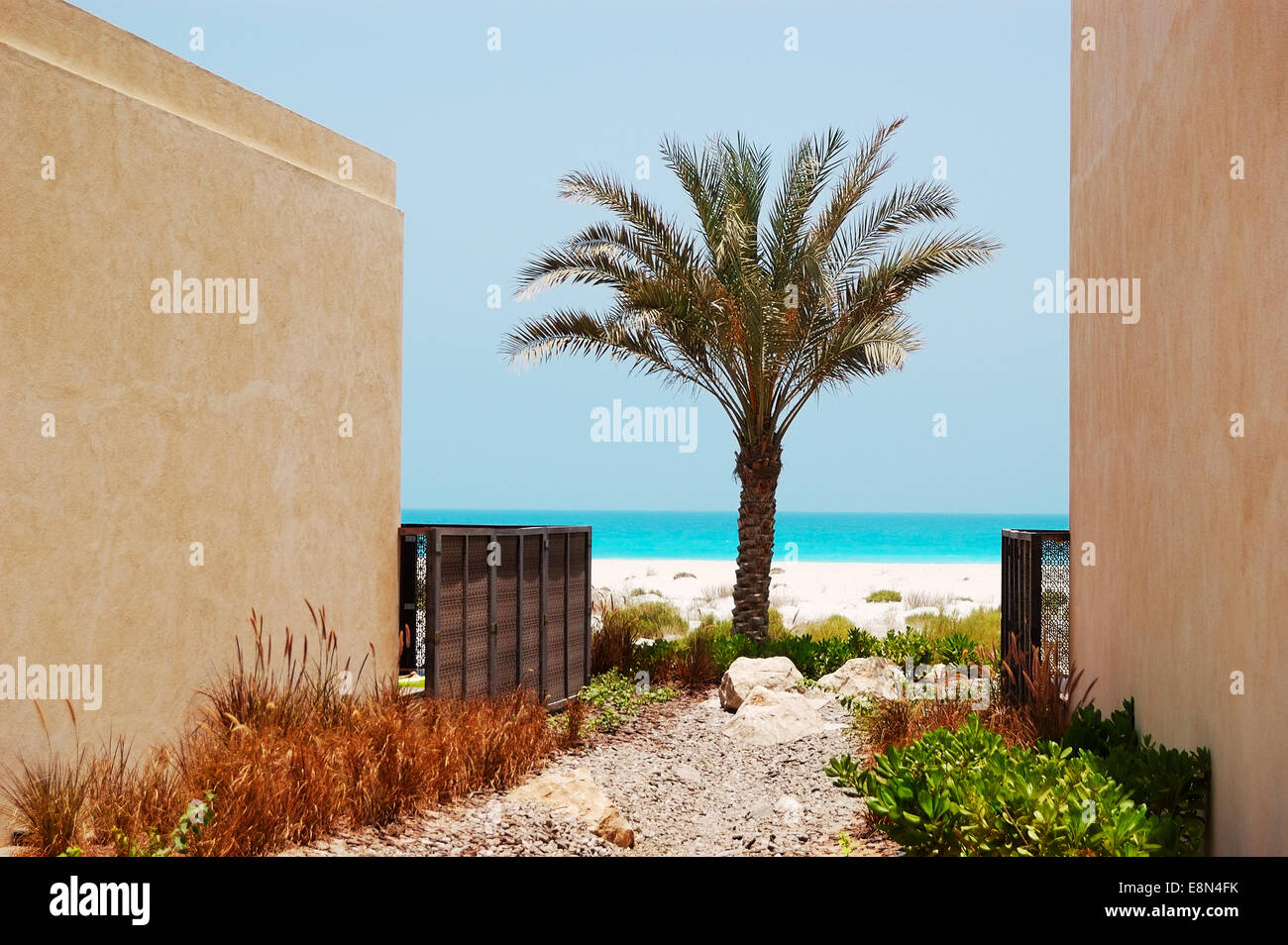 The view on a beach from arabic style modern villa at luxury hotel, Abu Dhabi, UAE Stock Photo