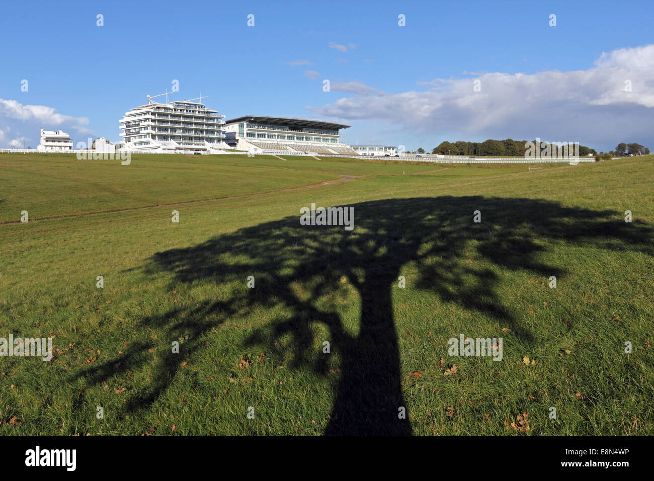 Epsom Downs, Surrey, UK. 11th October 2014. Blue skies alternate with dramatic cumulonimbus rain clouds over Epsom Downs Race Course. With the sun shining the shadow of a lone oak tree spreads across the Downs in front of the Grandstand. Credit:  Julia Gavin UK/Alamy Live News Stock Photo
