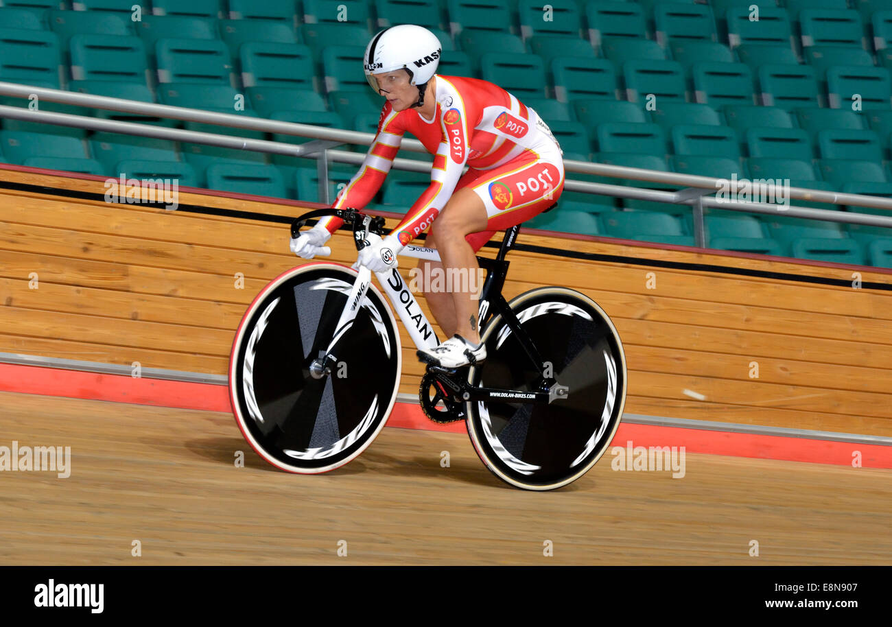 Velodrome  Manchester, UK  11th October 2014 Janni Bormann (Denmark)  won the Gold Medal and set a World Best time of 12.310 seconds in the Women's 50+ Sprint at the World Masters Track Championships. She also wins Gold in the Time Trial and Scratch races. World Masters Cycling Championships  Manchester, UK Credit:  John Fryer/Alamy Live News Stock Photo