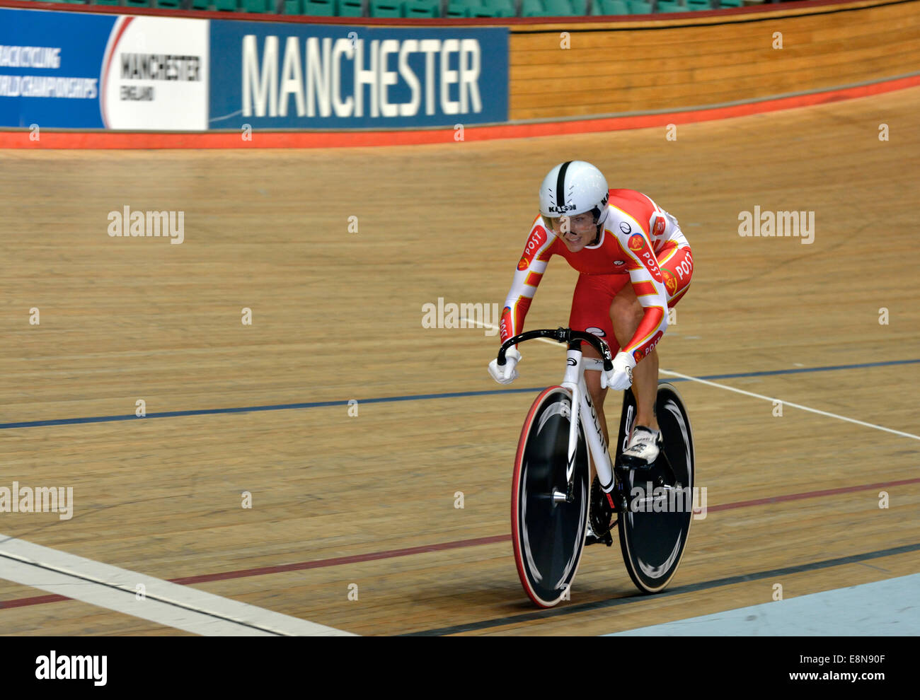 Velodrome  Manchester, UK  11th October 2014 Janni Bormann (Denmark) won the Gold Medal and set a World Best time of 12.310 seconds in the Women's 50+ Sprint at the World Masters Track Championships. She also wins Gold in the Time Trial and the Scratch races. World Masters Cycling Championships  Manchester, UK Credit:  John Fryer/Alamy Live News Stock Photo