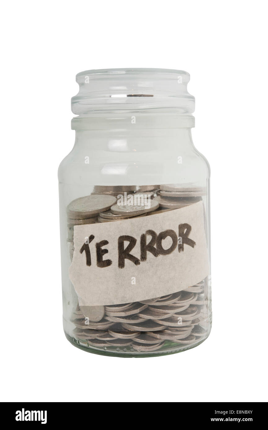 Jar of coins representing the cost of protecting against terrorism Stock Photo