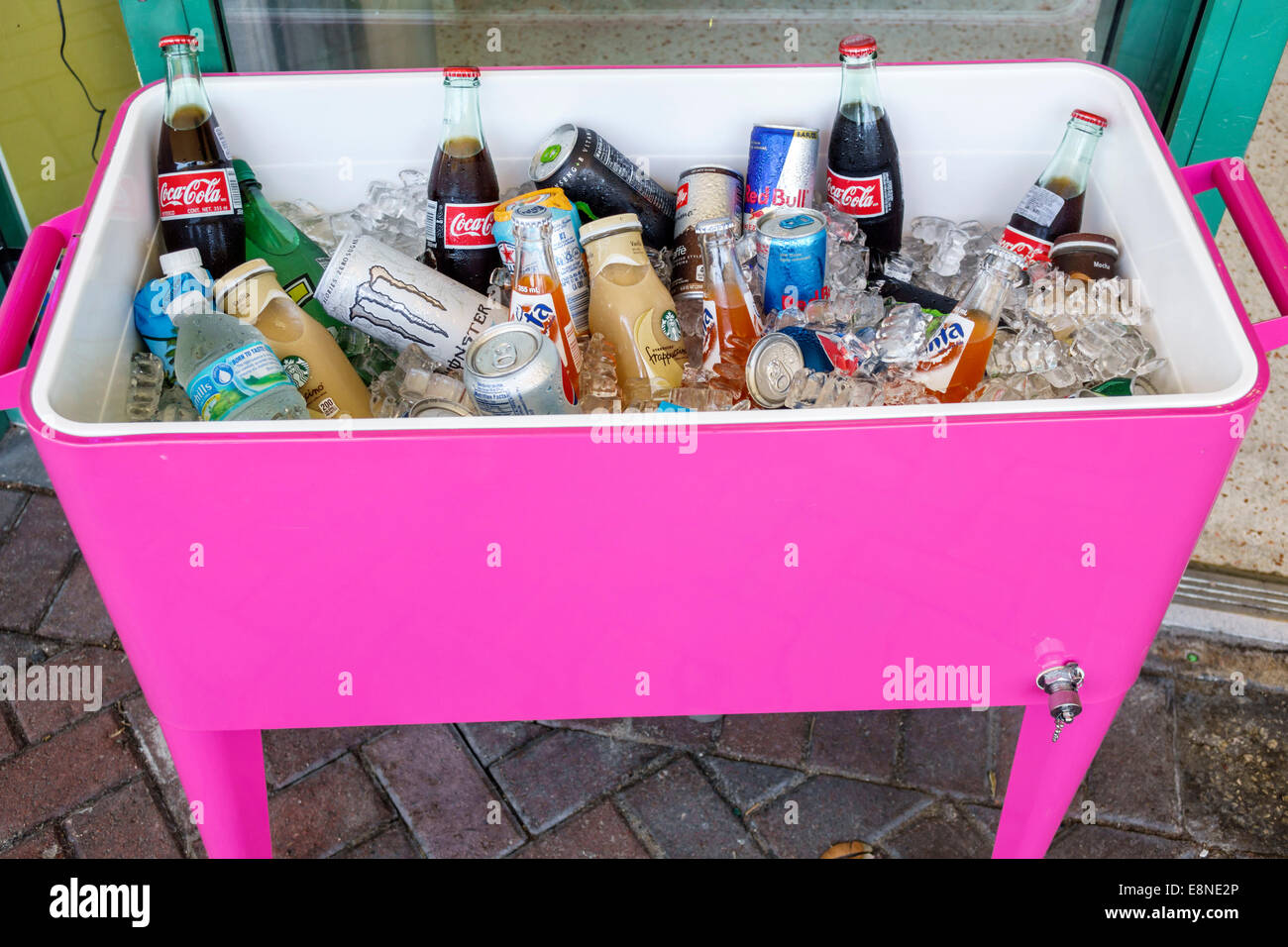Delray Beach Florida,cold drink drinks,sale,chest,ice,bottles,cans,Coca-Cola,Red Bull,FL140523003 Stock Photo