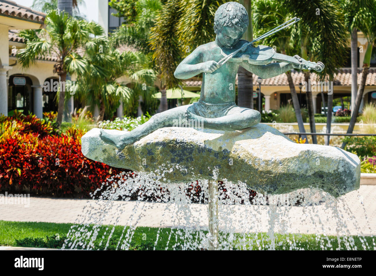 Delray Beach Florida,West Atlantic Avenue,Atlantic Plaza,fountain,sculpture,visitors travel traveling tour tourist tourism landmark landmarks culture Stock Photo