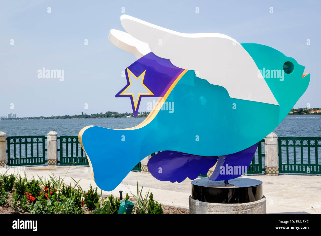 West Palm Beach Florida,North Flagler Drive,Currie Park,Lake Worth,public art,sculpture,fish,wings,water,FL140524017 Stock Photo