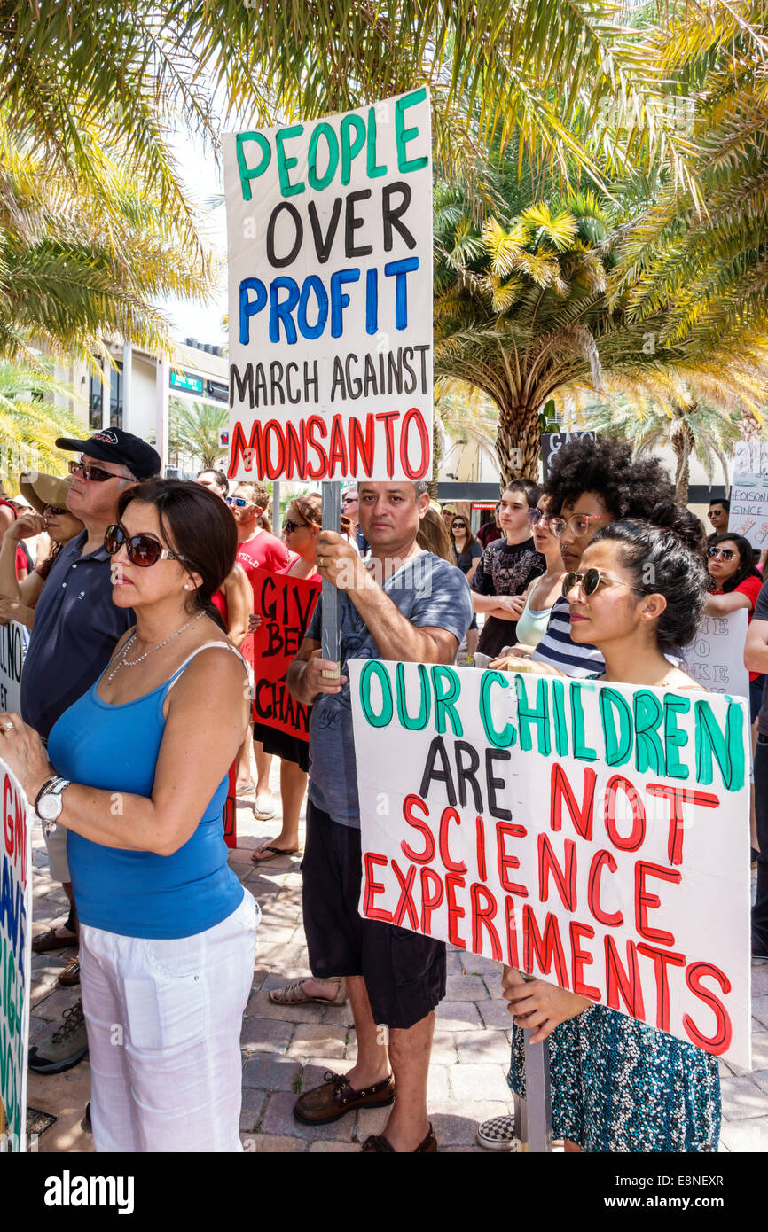 West Palm Beach Florida,Clematis Street,protest,demonstration,Monsanto,GMO,GMOs,genetically modified crops organisms,against,sign,poster,protester,pro Stock Photo