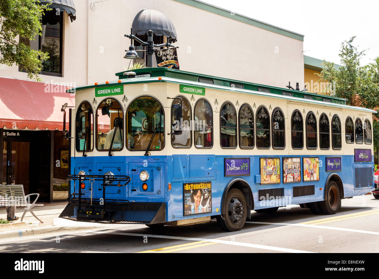 West Palm Beach Florida,Clematis Street,WPB Downtown Trolley,Green Line,FL140524030 Stock Photo