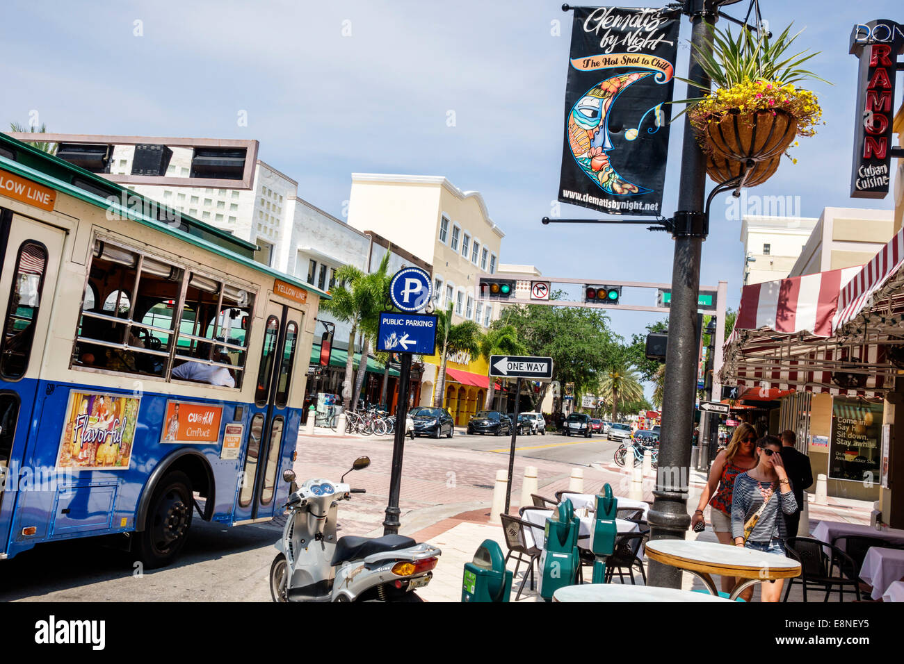 West Palm Beach Florida,Clematis Street,downtown,WPB Downtown Trolley,public transportation,banner,district,visitors travel traveling tour tourist tou Stock Photo