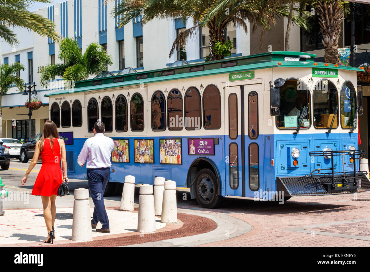 West Palm Beach Florida,Clematis Street,downtown,WPB Downtown Trolley,Green Line,public transportation,banner,district,adult adults man men male,woman Stock Photo