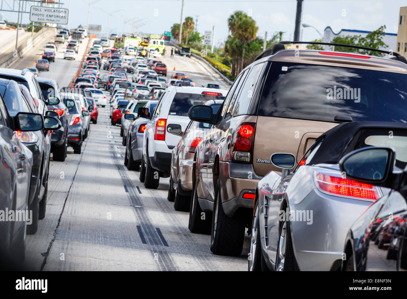 Miami Florida,Interstate I-95,highway,traffic,stopped,slowed,jam,closed lanes,accident,cars,automobiles,vehicles,FL140525015 Stock Photo
