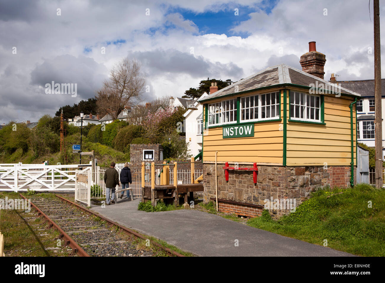UK, England, Devon, Instow, old signal box beside level crossing on Tarka Trail Stock Photo