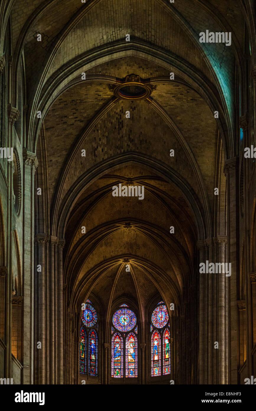 Indoor Ceiling And Stained Glass Windows Of Notre Dame