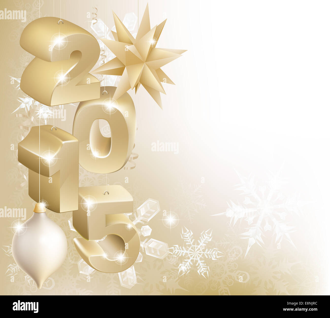 Gold 2015 Christmas or New Year decorations background with snowflakes and baubles reading 2015 Stock Photo
