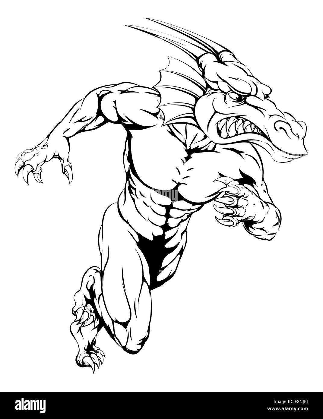 An aggressive muscular dragon sports mascot character charging Stock Photo