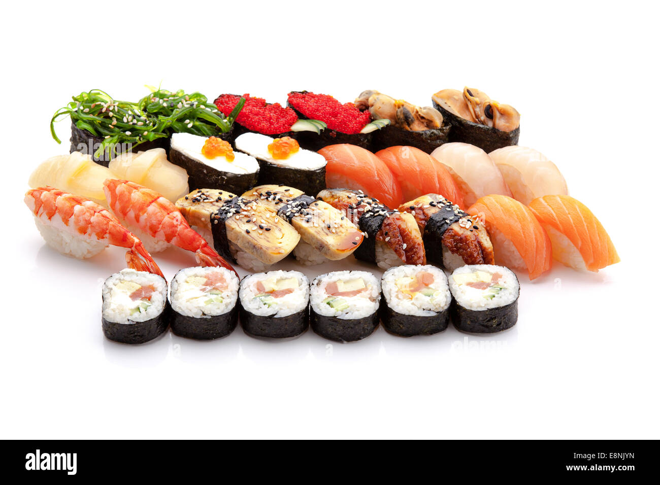 various types of japanese sushi on white background Stock Photo