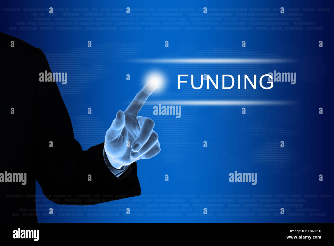 business hand pushing financial funding button on a touch screen interface Stock Photo