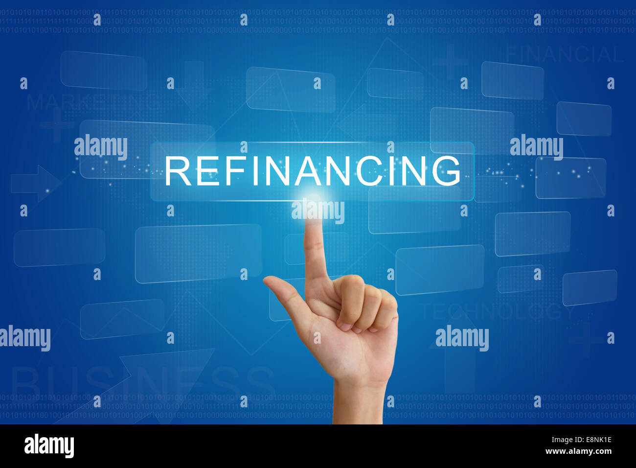 hand press on refinancing button on virtual screen Stock Photo