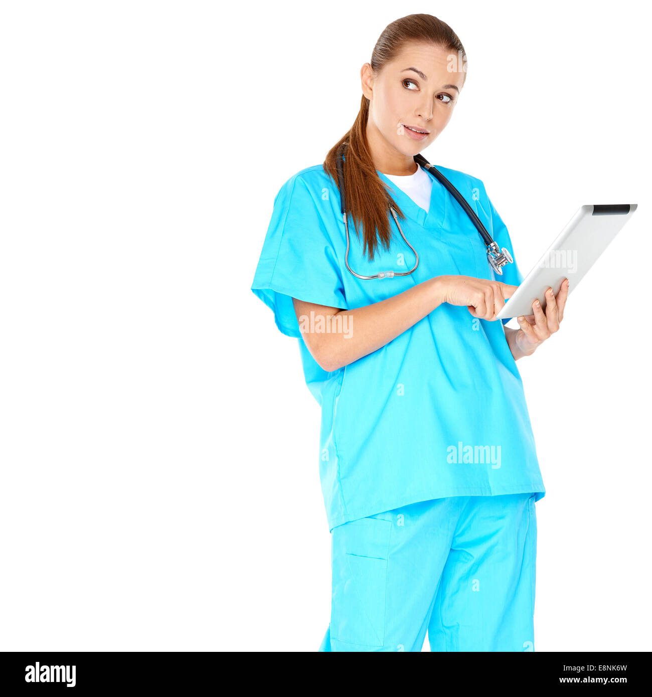 Young Medical Woman Doctor Wearing Light Blue Green Scrub Suit with