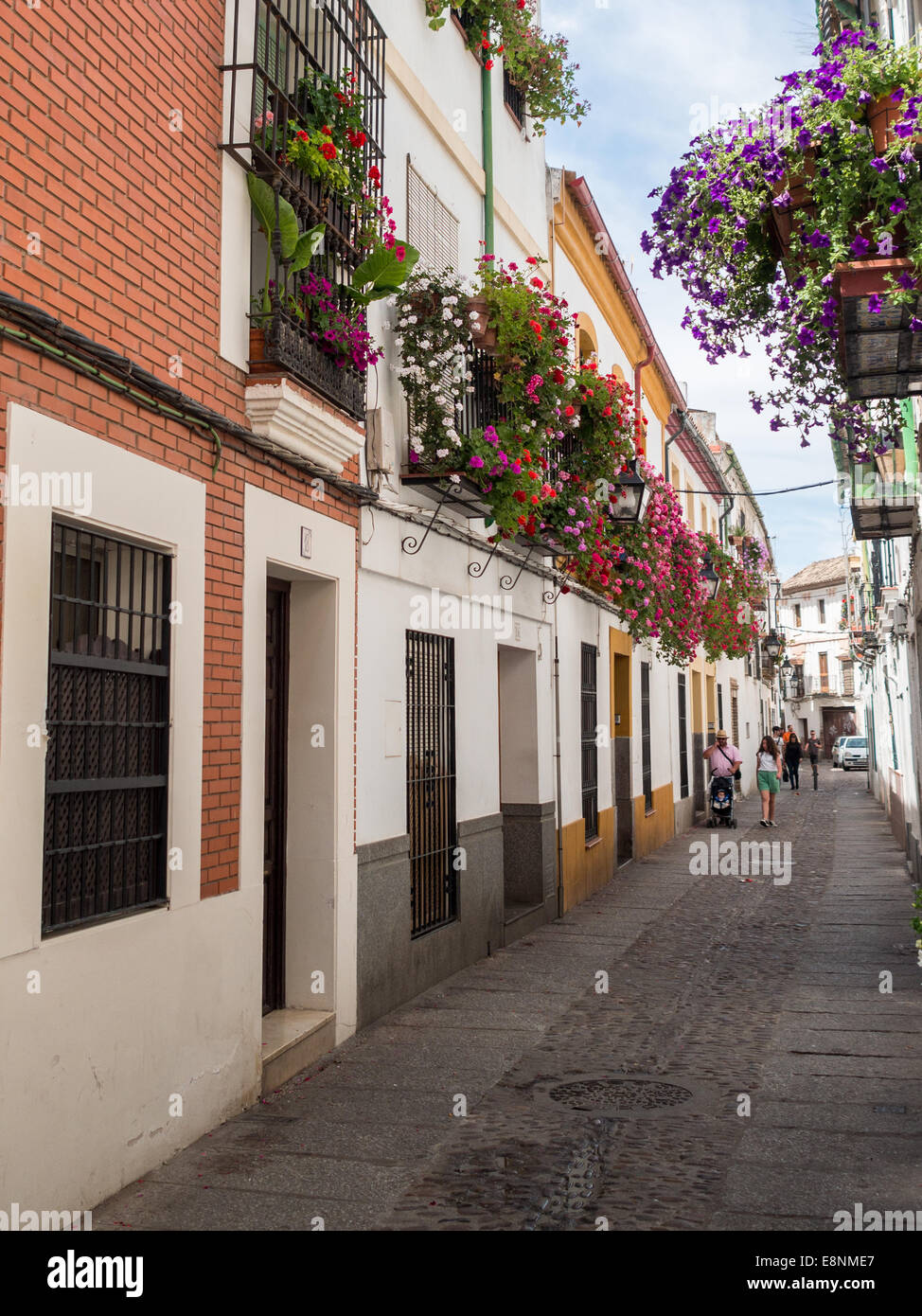 Cordoba street with balconies covered in flowers Stock Photo