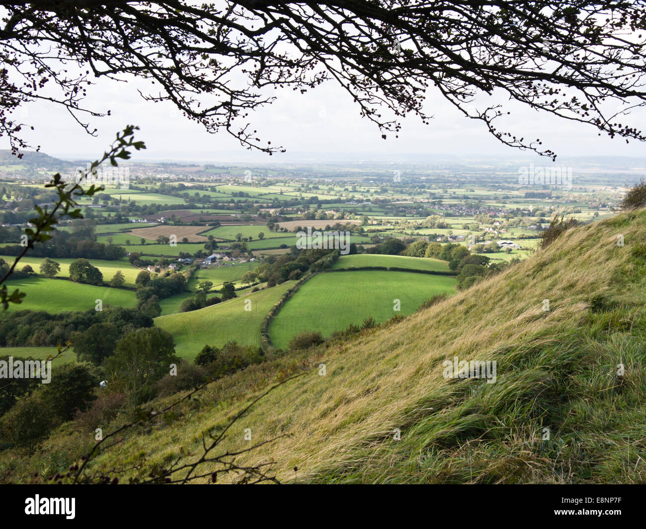Views from Coaley Peak Viewing Area in the Cotswolds near Nympsfield Gloucestershire England. Stock Photo