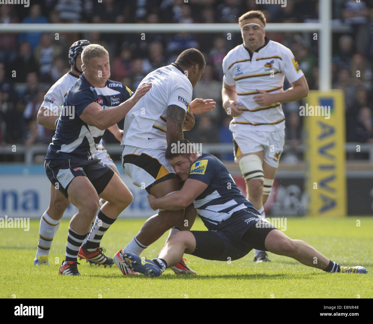 Manchester, Greater Manchester, UK. 5th Oct, 2014. month name} 52014, Wasps No.8 NATHAN HUGHES is held by Sale hooker MARC JONES and prop ROSS HARRISON during the Sale Sharks -V- Wasps match at The AJ Bell Stadium: Steve Flynn-ZUMA Press © Steve Flynn/ZUMA Wire/Alamy Live News Stock Photo