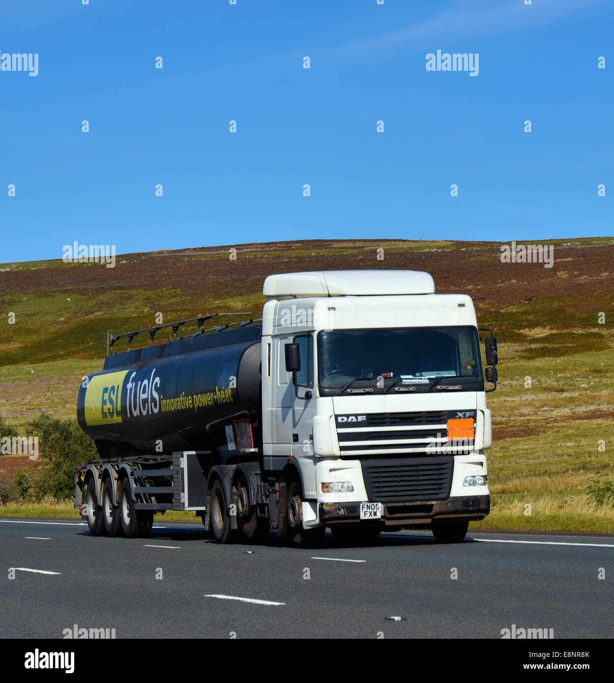 ESL Fuels HGV. M6 Motorway, southbound. Shap, Cumbria, England, United Kingdom, Europe. Stock Photo