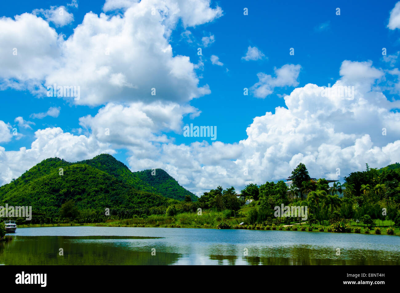 lake mountain and blue sky Stock Photo
