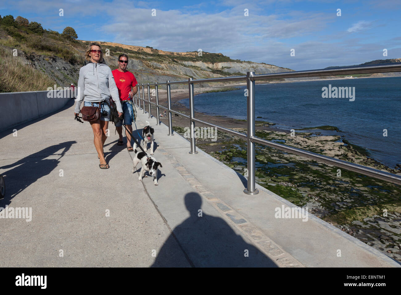 Couple walk their dog along the top of the sea defences near Lyme Regis, with the cliffs of the World Heritage Jurassic coast. Stock Photo