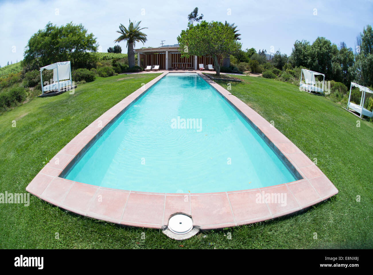 Swimming pool at La Casona hotel, Matetic Vineyards, Chile, South America. Stock Photo