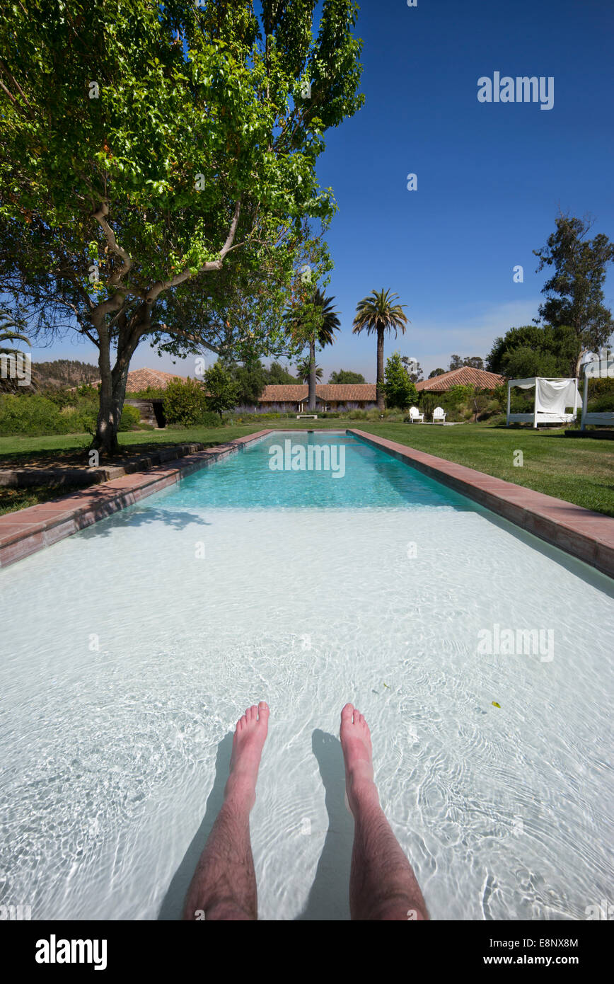 Swimming pool at La Casona hotel, Matetic Vineyards, Chile, South America. Stock Photo
