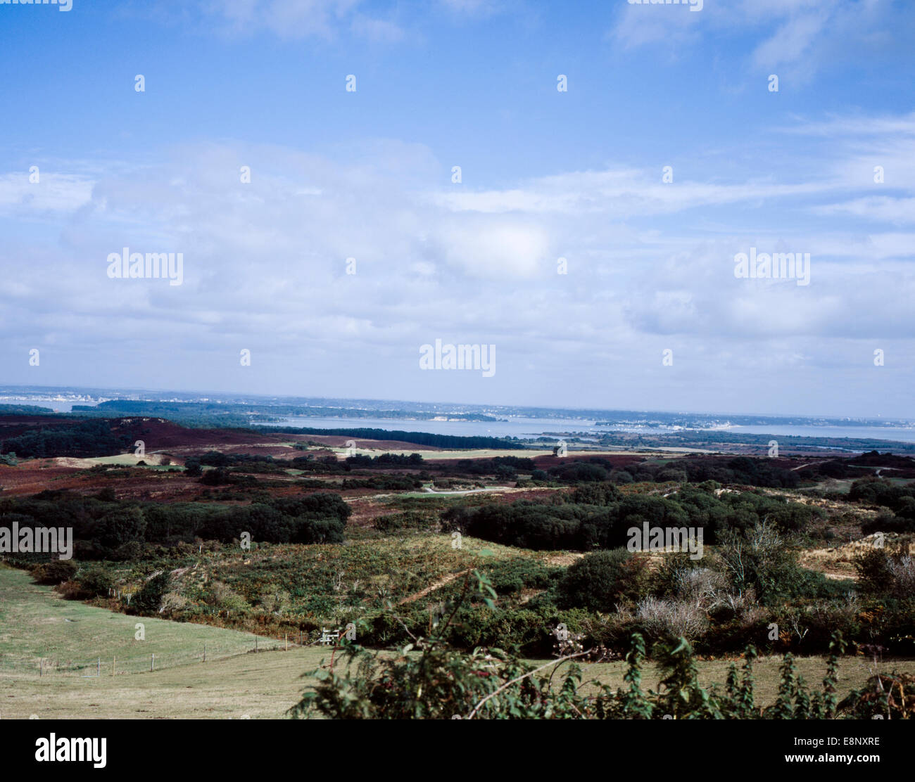 View toward Poole Harbour the coastline Poole and Bournemouth from near Godlingston Heath Isle of Purbeck Dorset England Stock Photo
