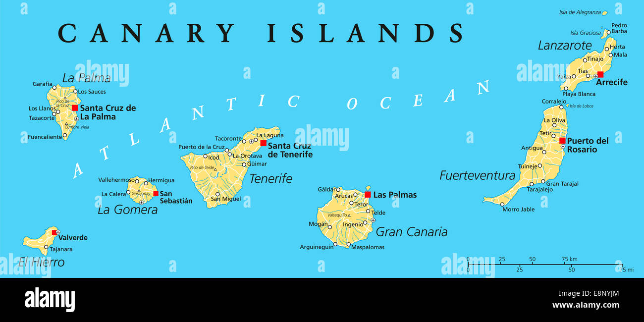 Canary Islands Political Map with Lanzarote, Fuerteventura, Gran Canaria, Tenerife, La Gomera, La Palma and El Hierro. Stock Photo