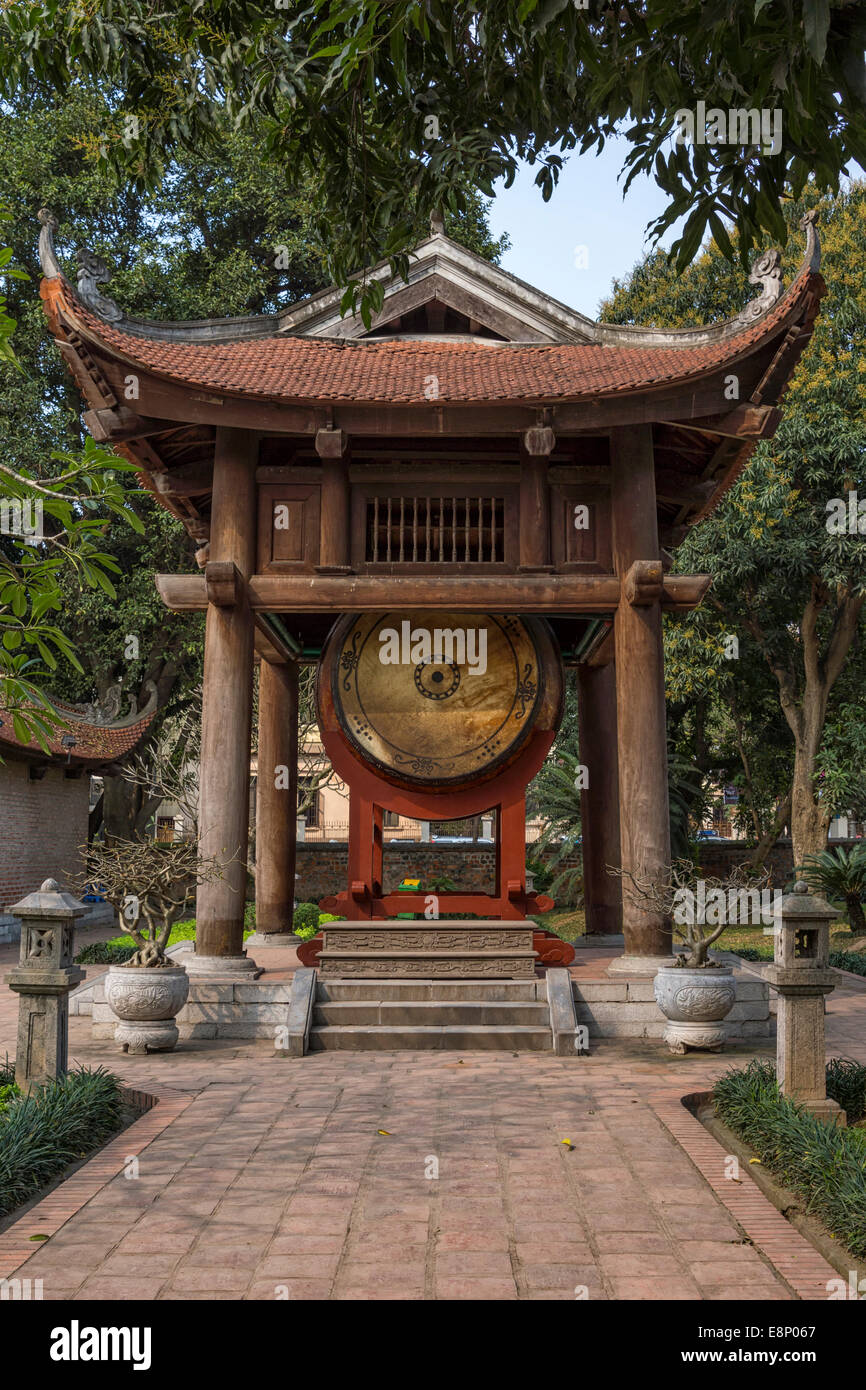 Huge drum under Chinese roof at Temple of Literature. Stock Photo