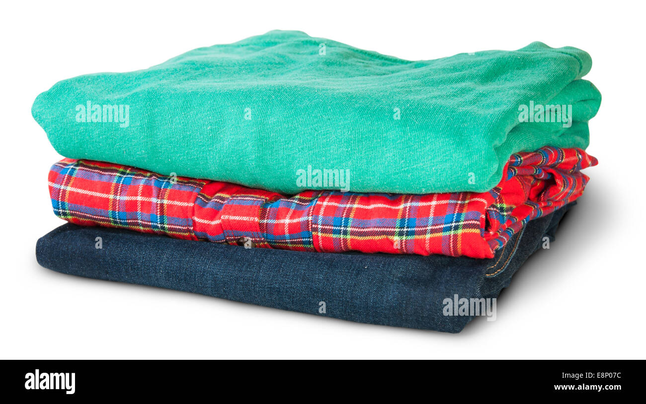 Stack Of Multicolored Casual Clothes Rotated Isolated On White Background Stock Photo