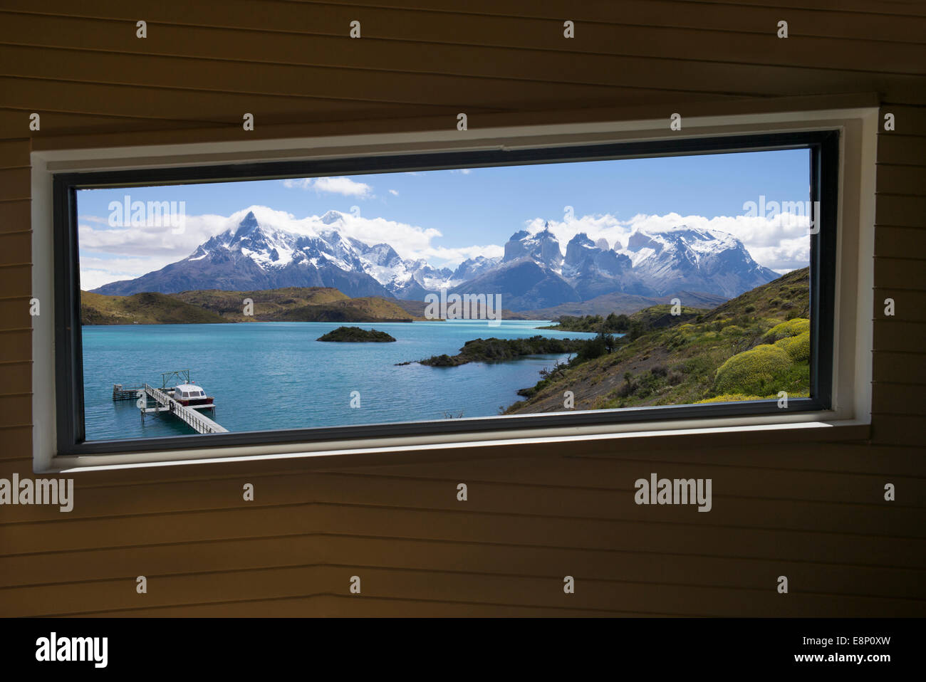 Torres del Paine mountain range view through the window, Patagonia, Chile, South America. Stock Photo