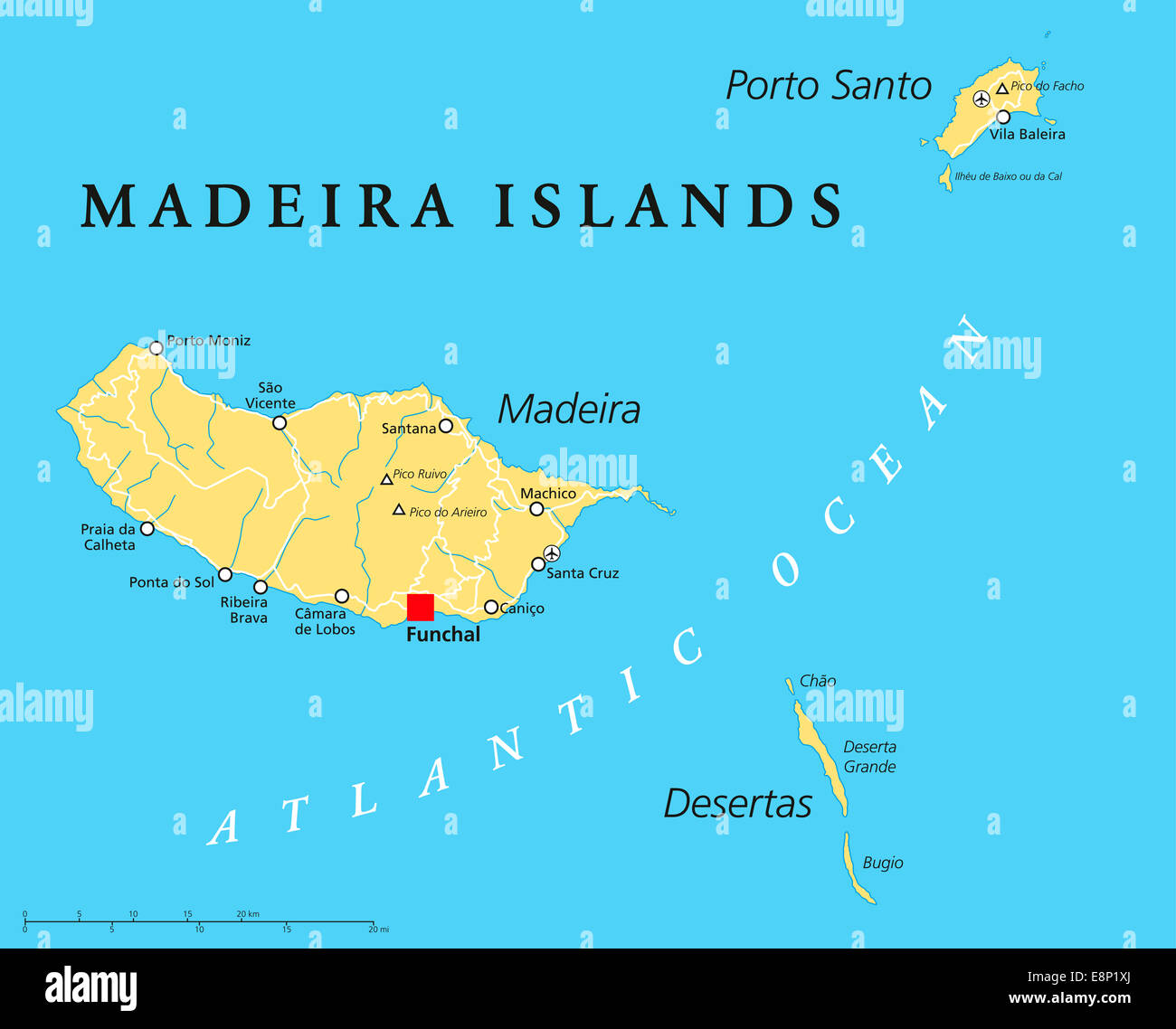 Madeira Islands Political Map with Madeira, Porto Santo and Desertas. English labeling and scaling. Stock Photo
