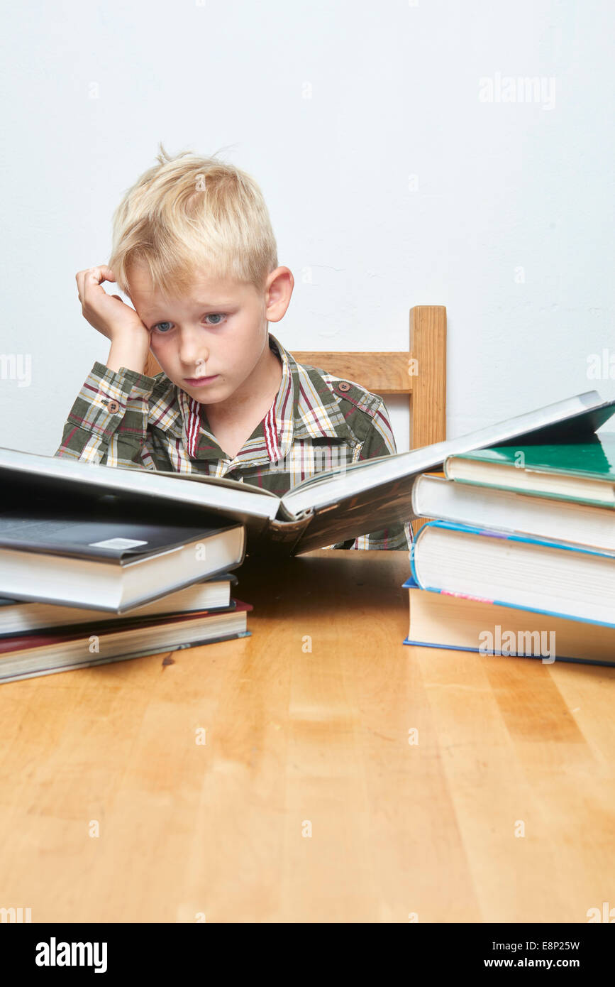 Little Child Blond Focused Student Boy Sitting At Desk And Reading