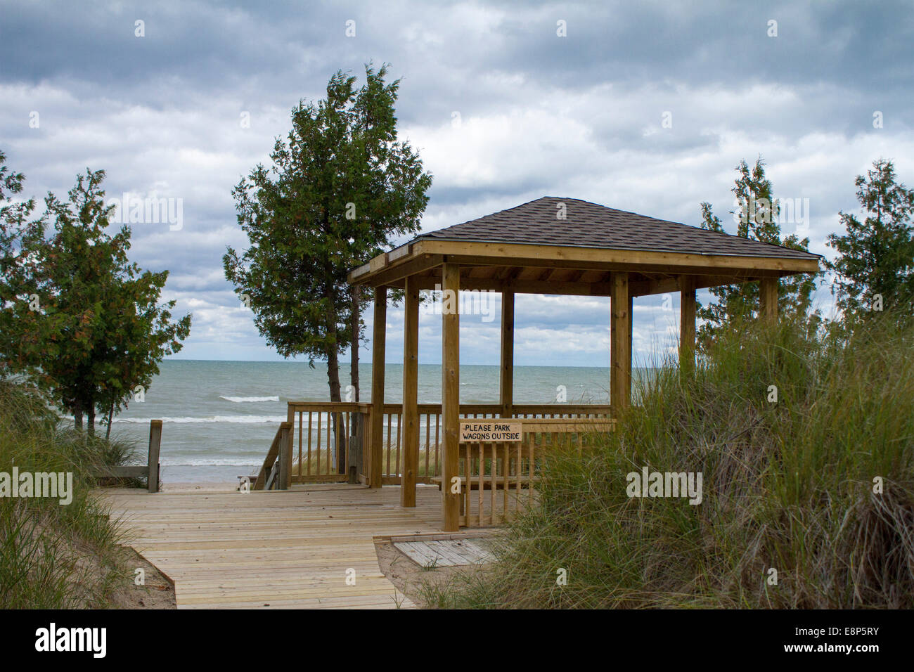 Gazebo on deck overlooking Lake Huron on a cloudy day in Grand Bend, Ontario, Canada Stock Photo