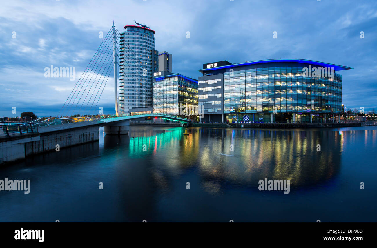 General view of Media City UK, home of the BBC, on the banks of the Manchester Ship Canal in Salford, Manchester. Stock Photo