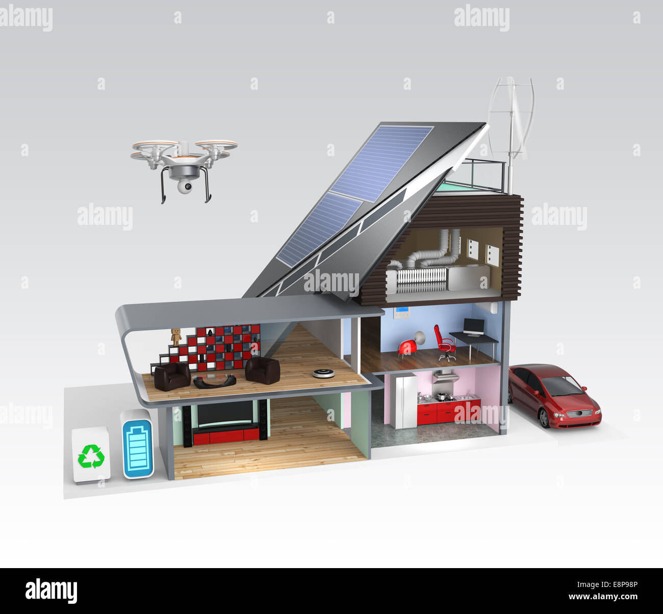Smart house with energy efficient appliances, solar panels and wind turbines Stock Photo