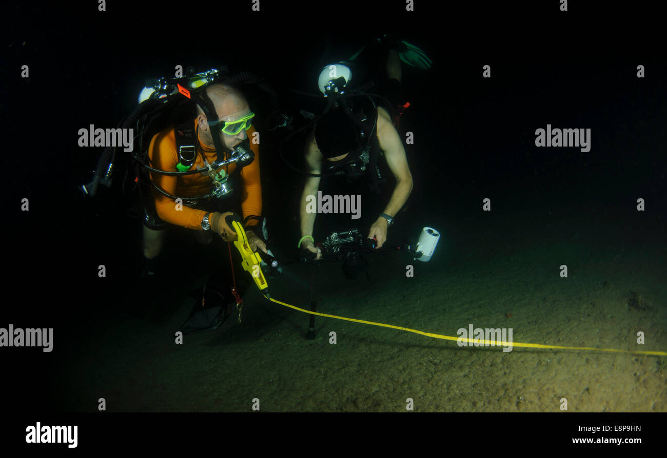 professional Scuba divers perform an underwater survey of the Mediterranean seabed Stock Photo