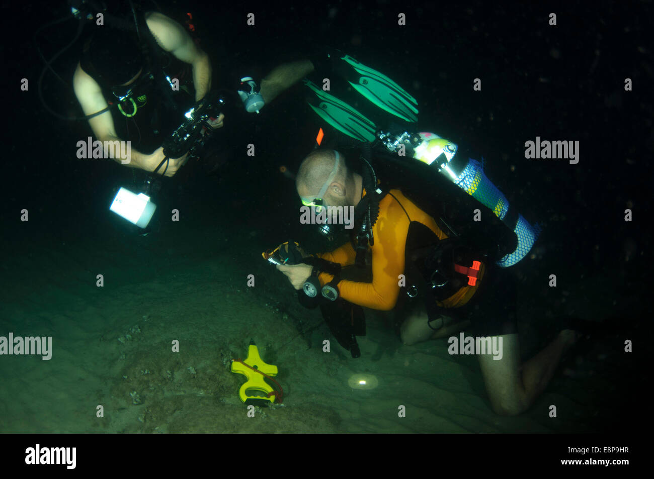 professional Scuba divers perform an underwater survey of the Mediterranean seabed Stock Photo