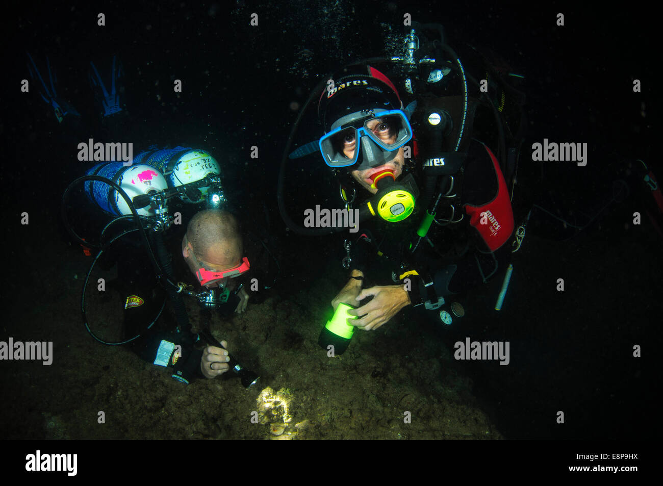 professional Scuba divers perform an underwater survey of the Mediterranean seabed Stock Photo