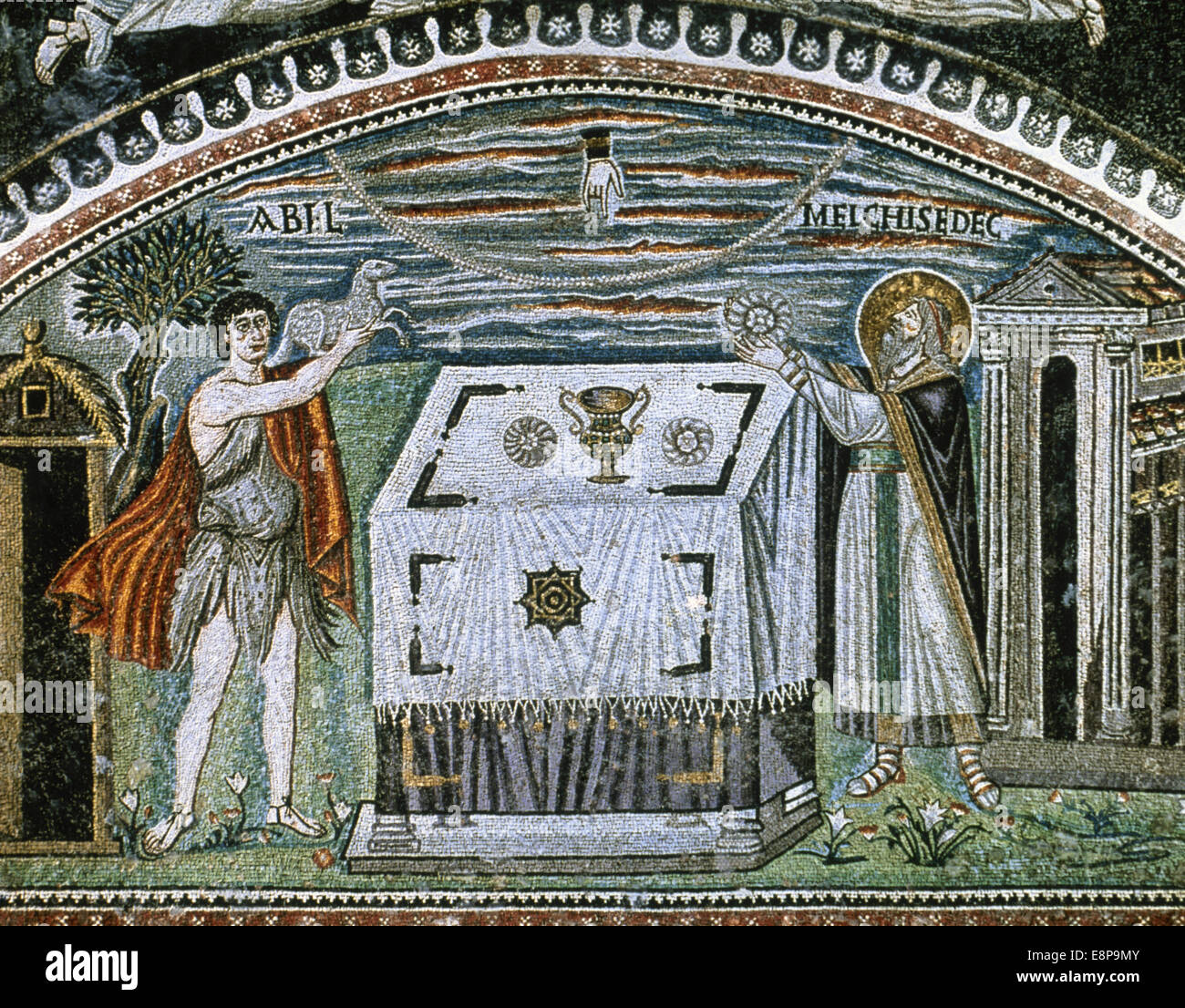 Abraham's life. Abel and Melchizedek bringing their offerings to the altar (538-545 AD). Basilica of St. Vitale. Ravenna. Italy. Stock Photo