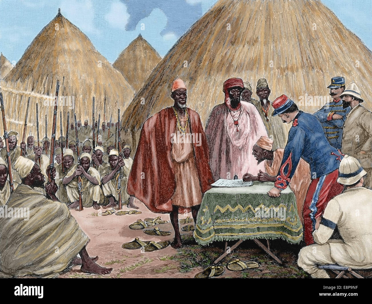 Africa. Signing a treaty between French colonists and the heads of the Kingdom of Tamisso. Engraving, 1892. Colored. Stock Photo