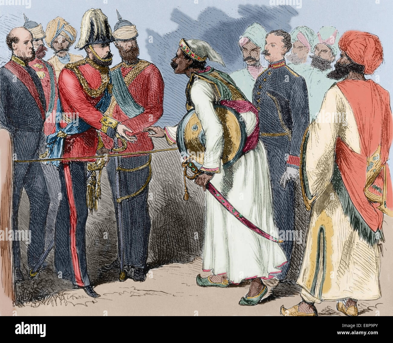 India. Interview between the Prince of Wales with the Maharana of Oudeypour. Engraving. 19th century. Colored. Stock Photo