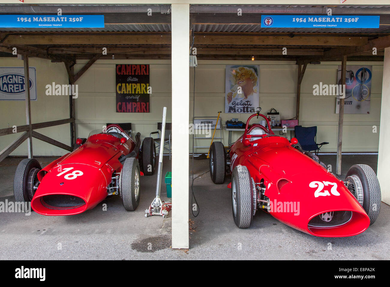 A pair of classic vintage1954 Maserati 250F racing cars at the Goodwood Revival 2014, West Sussex, UK Stock Photo