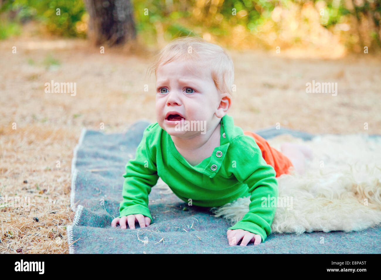 Baby boy bawling leaning on his palms while outdoors at sunset Stock Photo