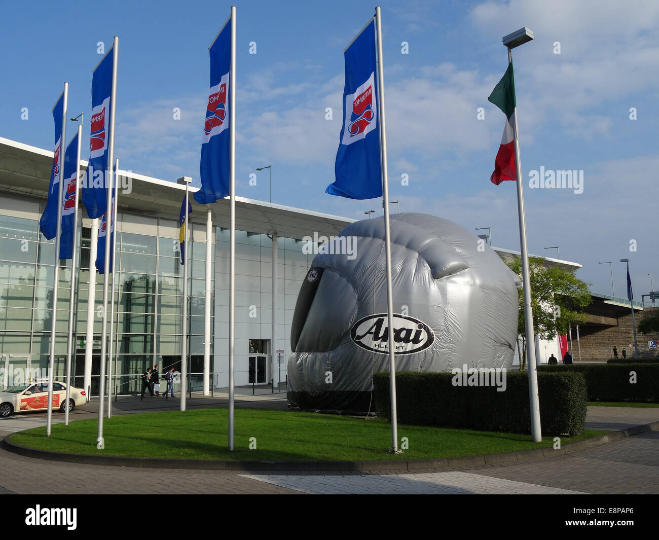 The Flags and the Head Shelter to Intermot 2014 in front of the Fair Halls in Cologne Stock Photo
