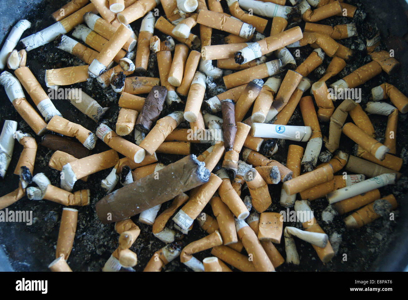 A ash tray show the level of nicotine dependence outside a building of a company. Stock Photo