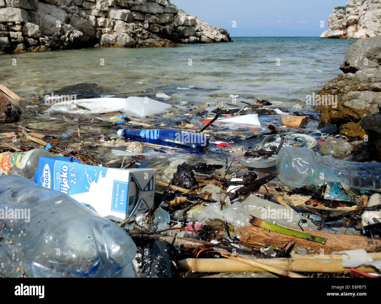 Washed up plastic waste on a beach along the coast of the croatian island of Lastovo, on September, 19, 2014. Stock Photo